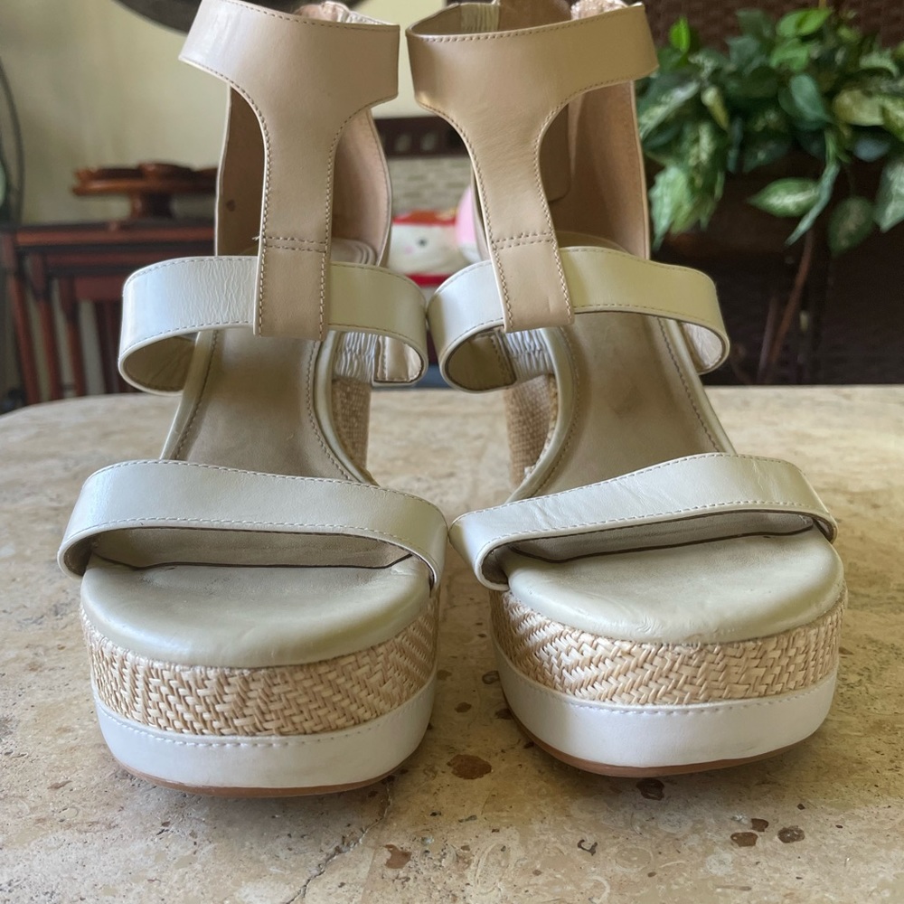 Beige and white wedge heels